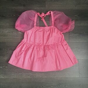 Tuckernuck Pomander Place Tinsley Tulle Top Pink Peplum Puff Sleeve Babydoll M